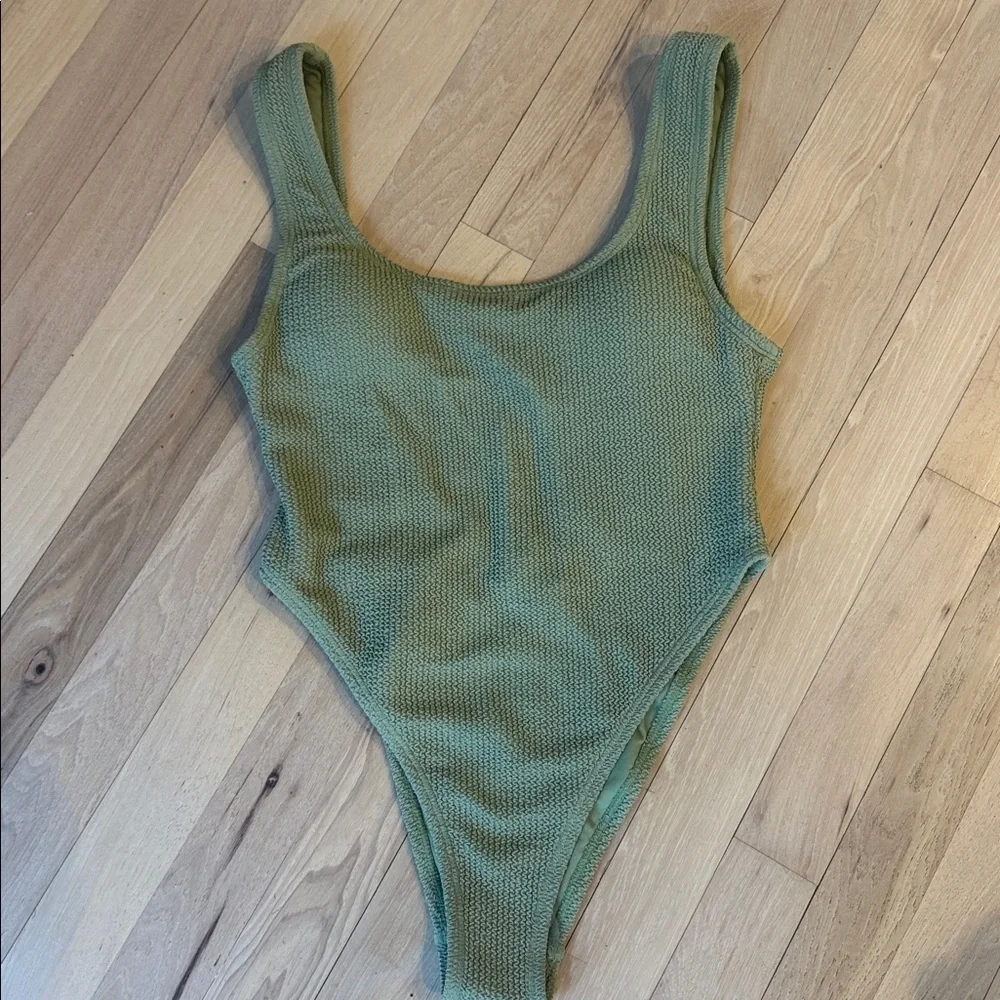 River Island crinkle textured one-piece swimsuit in khaki 10